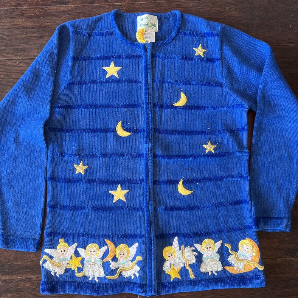 Vintage 90s The Quaker Factory Moon & Stars Knit Cardigan - Dreamy Blue Small